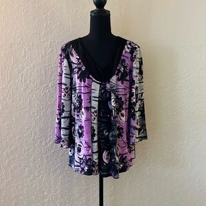 NICOLA Purple‎ Black Floral V-Neck Blouse